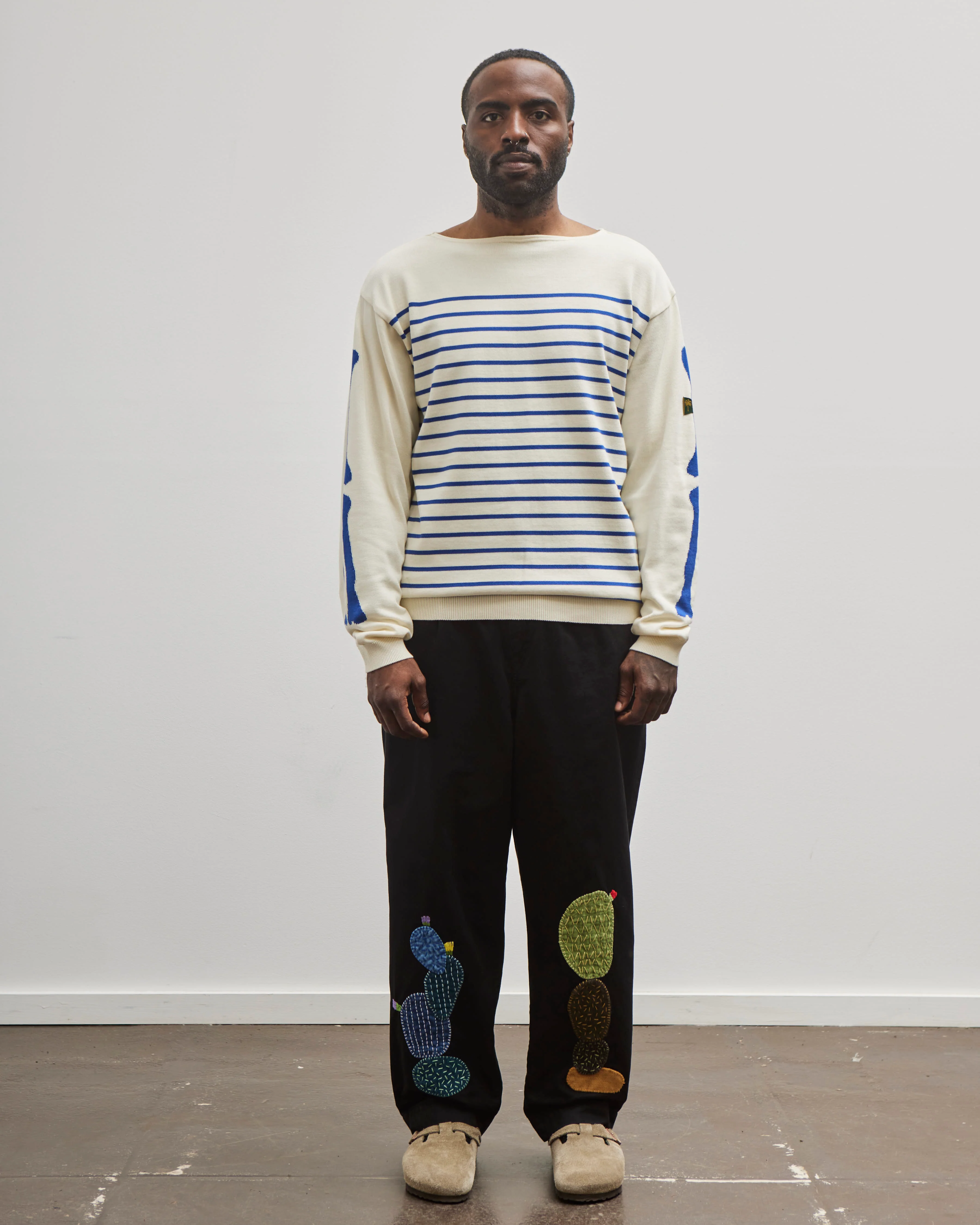 Kapital Unisex 12G Panel Stripe Knit Boat-Neck Sweater (BONE Sleeve), ECRxBlue - Image 3