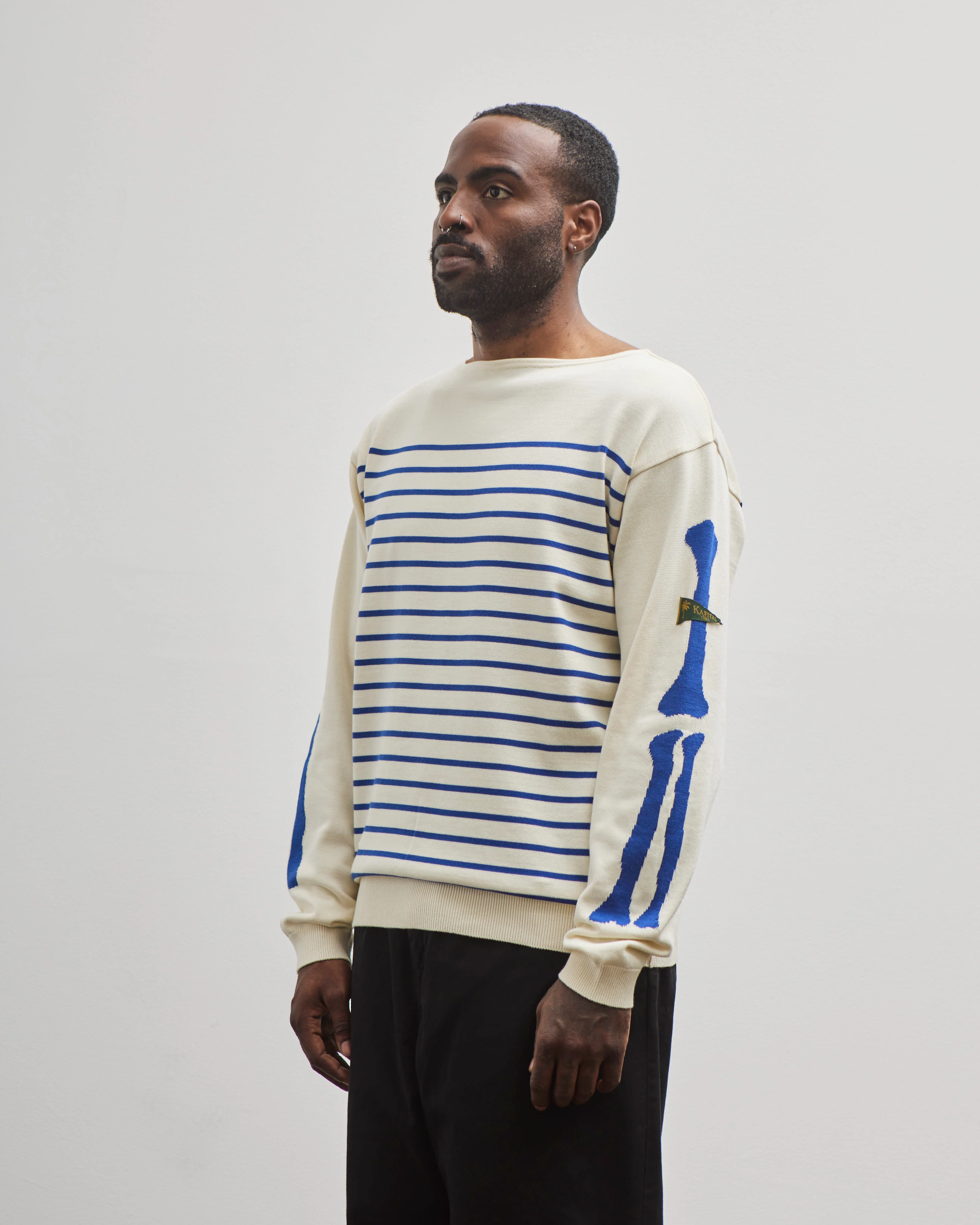 Kapital Unisex 12G Panel Stripe Knit Boat-Neck Sweater (BONE Sleeve), ECRxBlue - Image 4