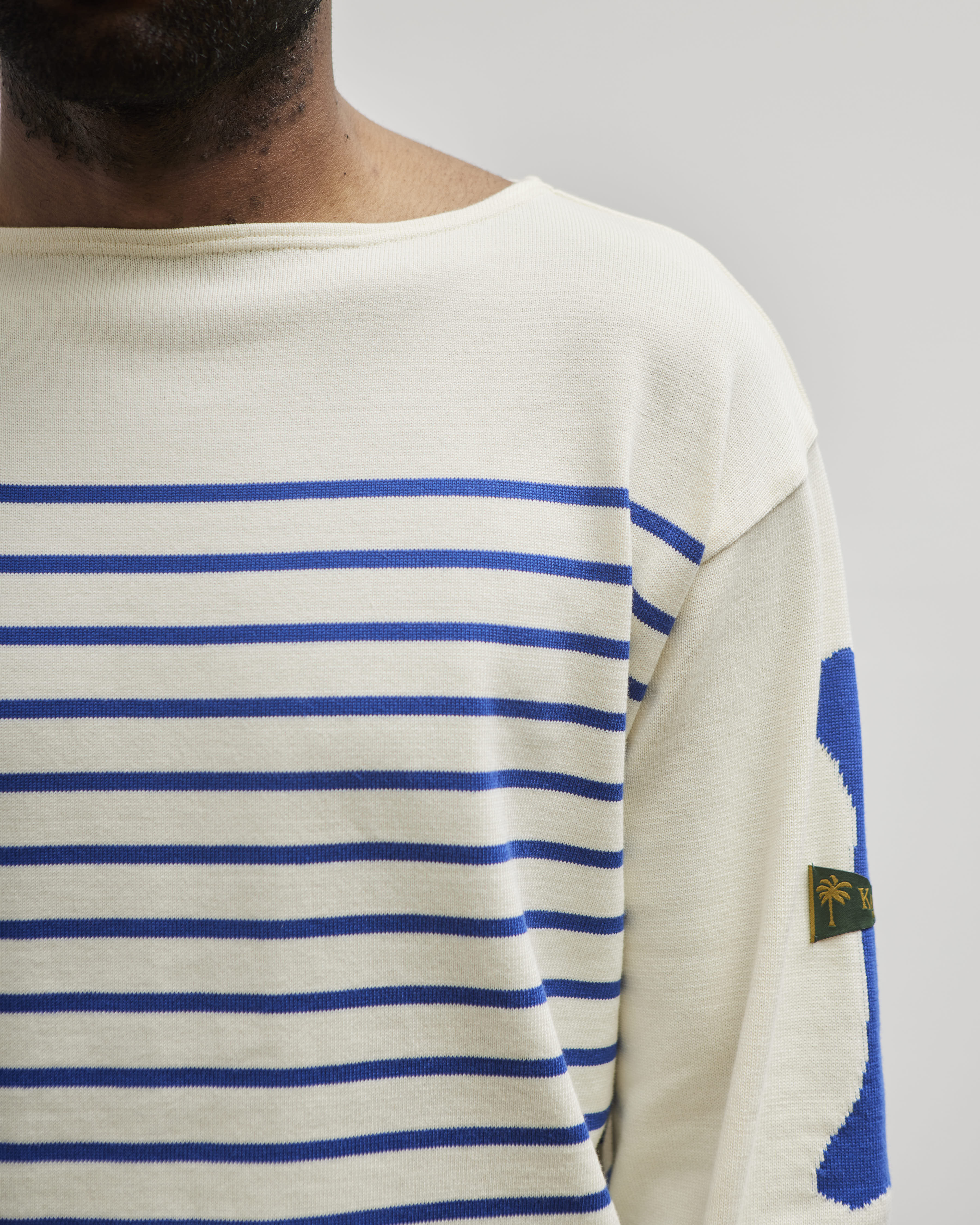 Kapital Unisex 12G Panel Stripe Knit Boat-Neck Sweater (BONE Sleeve), ECRxBlue - Image 6
