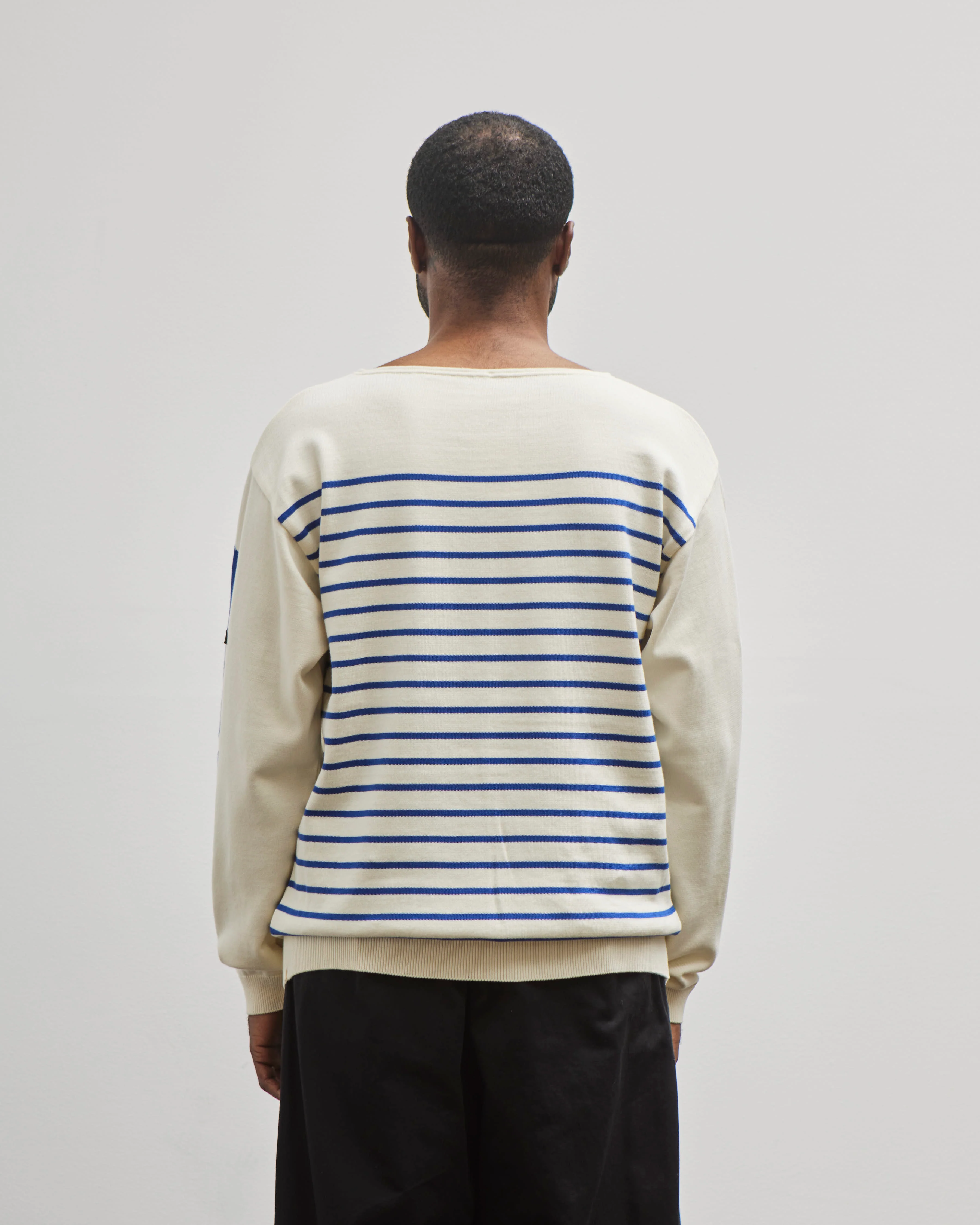 Kapital Unisex 12G Panel Stripe Knit Boat-Neck Sweater (BONE Sleeve), ECRxBlue - Image 7