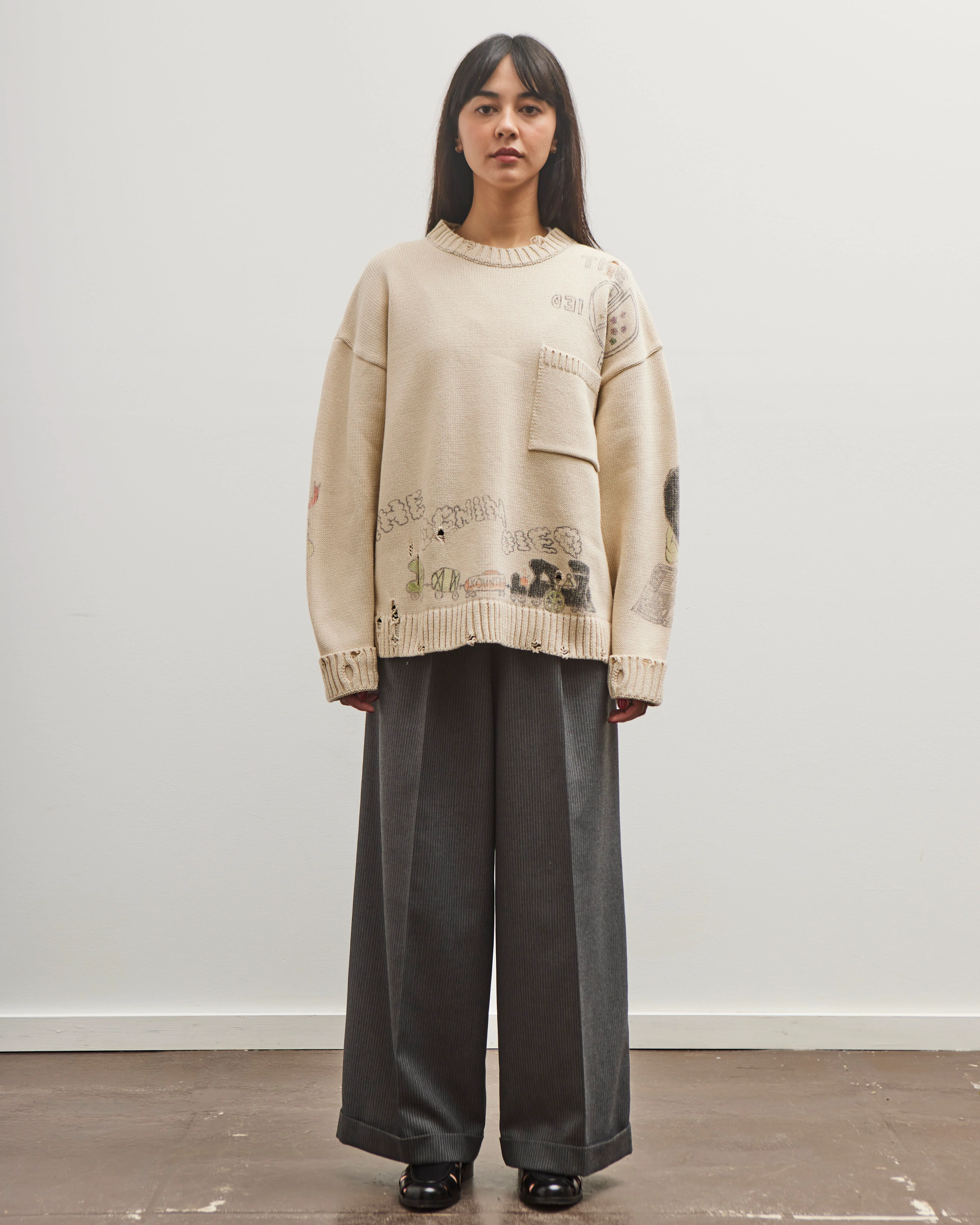 Kapital 5G Cotton Knit Crew Sweater (Memorial Paint Model), Ecru - Image 3