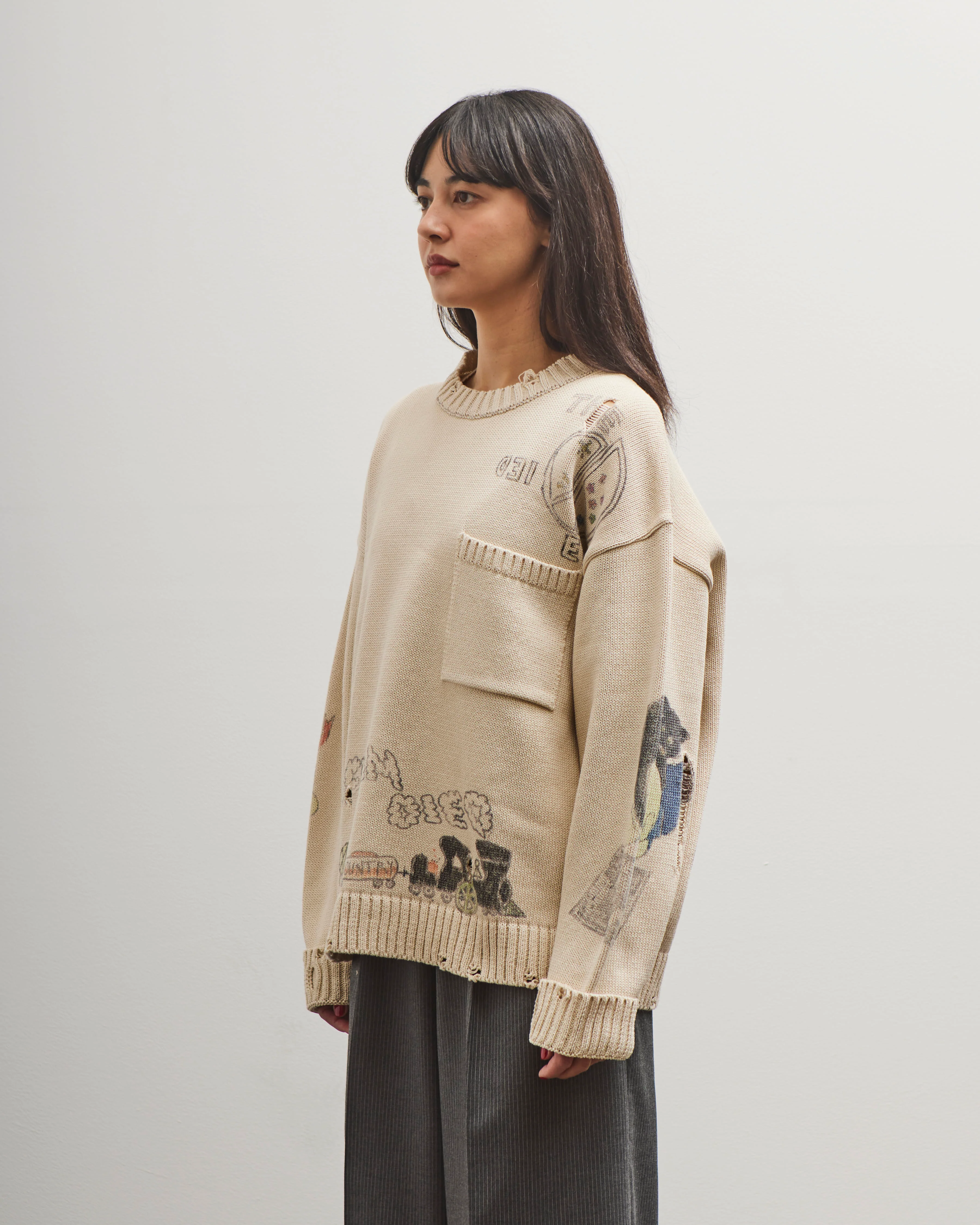 Kapital 5G Cotton Knit Crew Sweater (Memorial Paint Model), Ecru - Image 4
