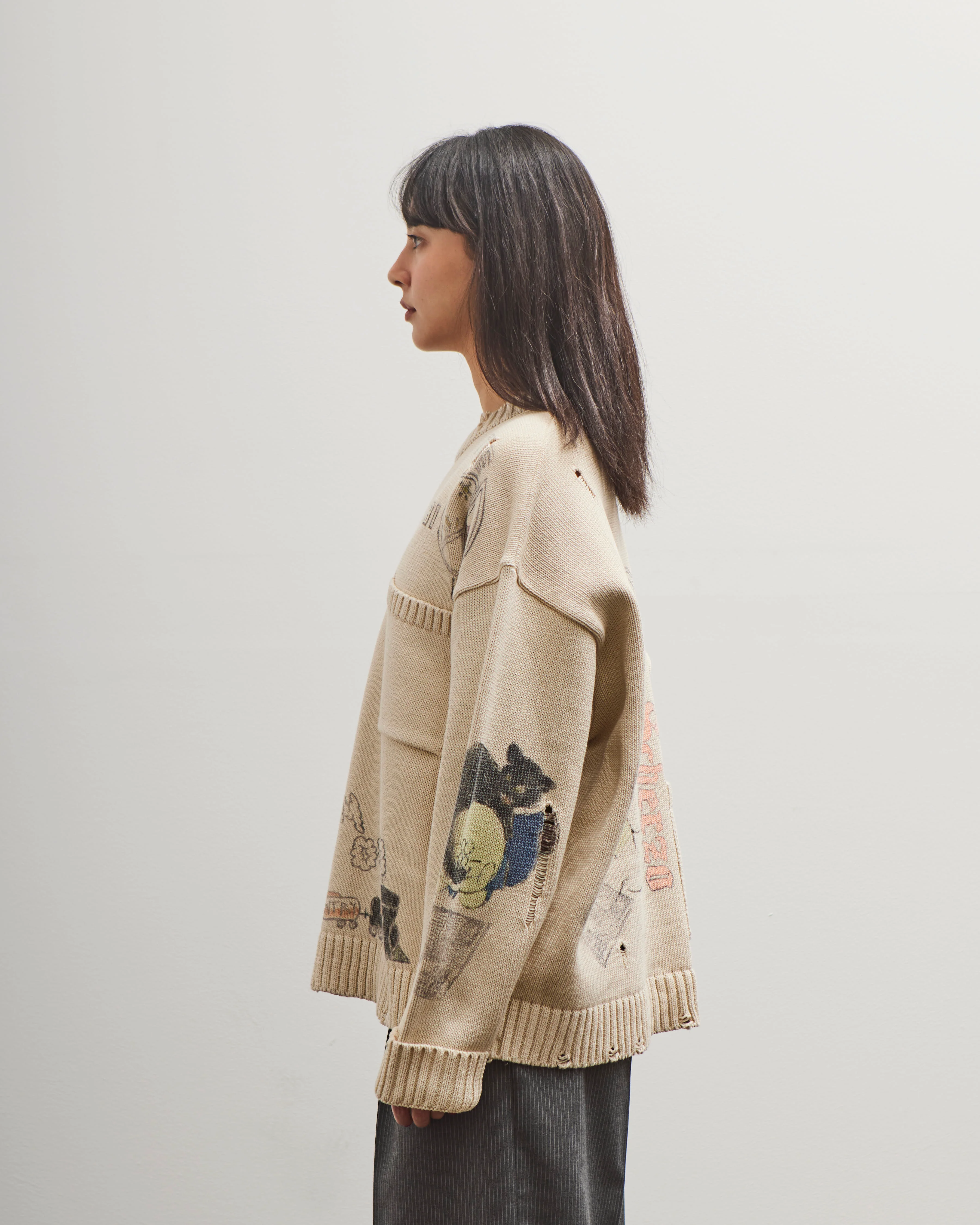 Kapital 5G Cotton Knit Crew Sweater (Memorial Paint Model), Ecru - Image 5