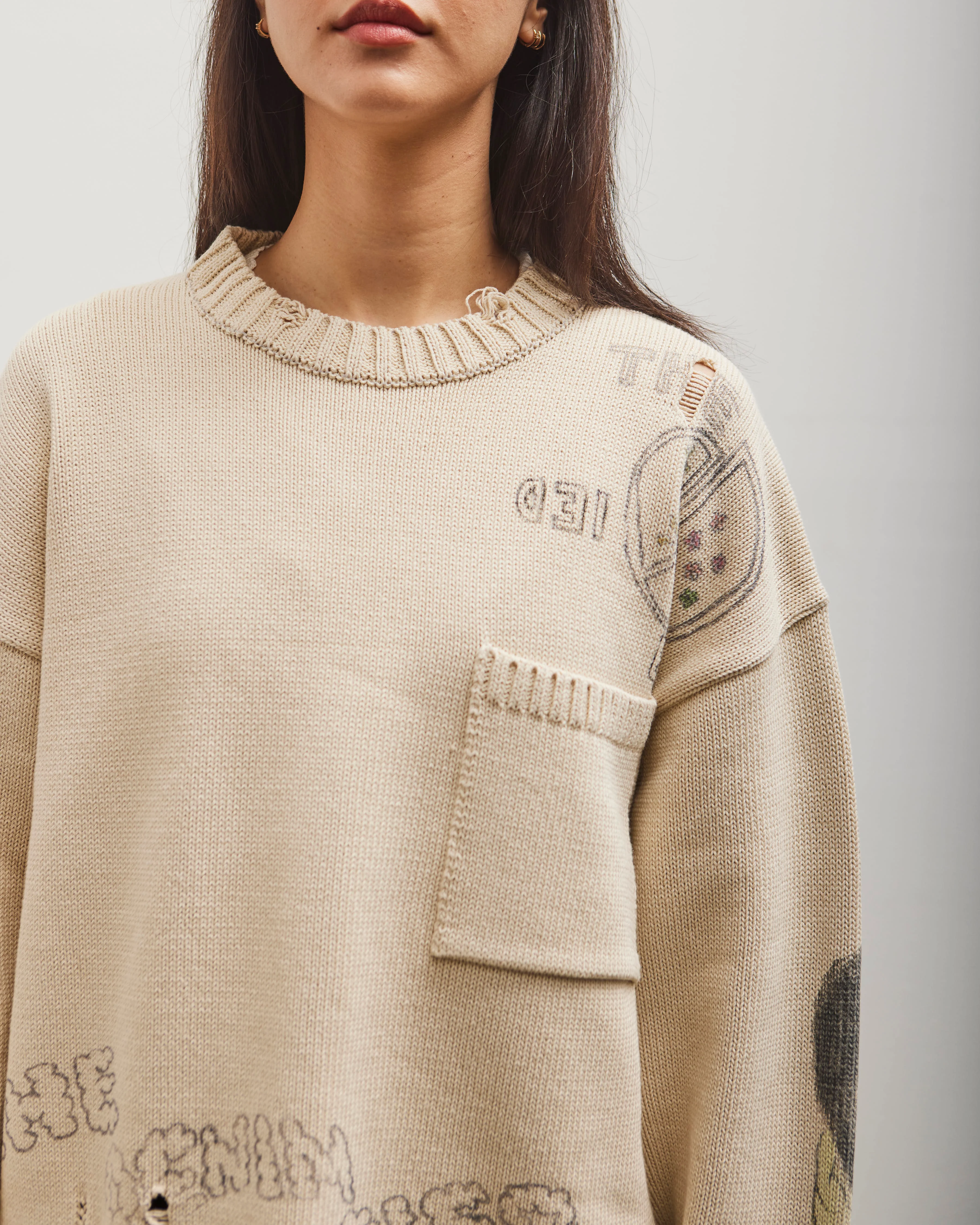 Kapital 5G Cotton Knit Crew Sweater (Memorial Paint Model), Ecru - Image 6