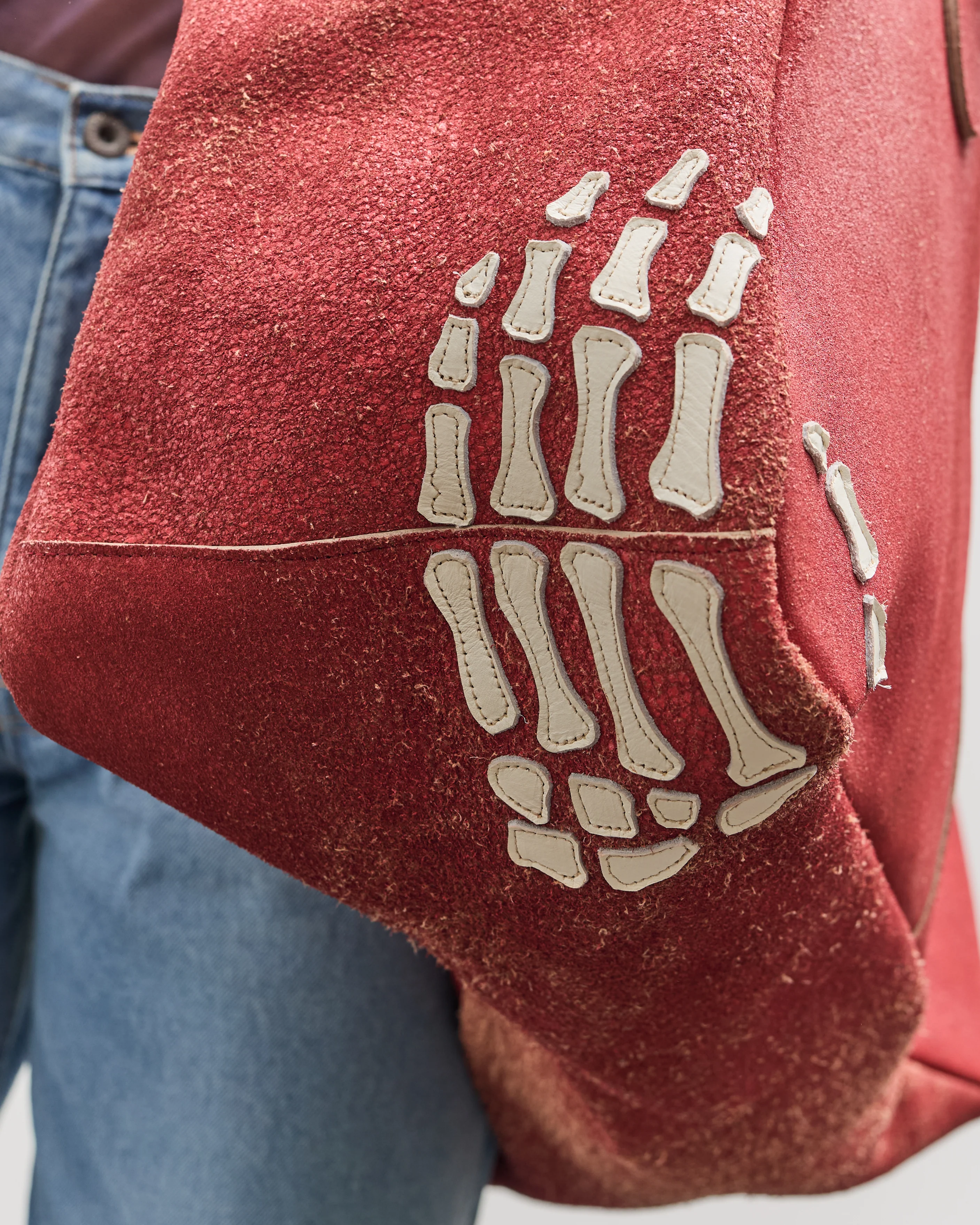 Kapital Crack Leather FARGO Bag (BONE PALM), Red - Image 3