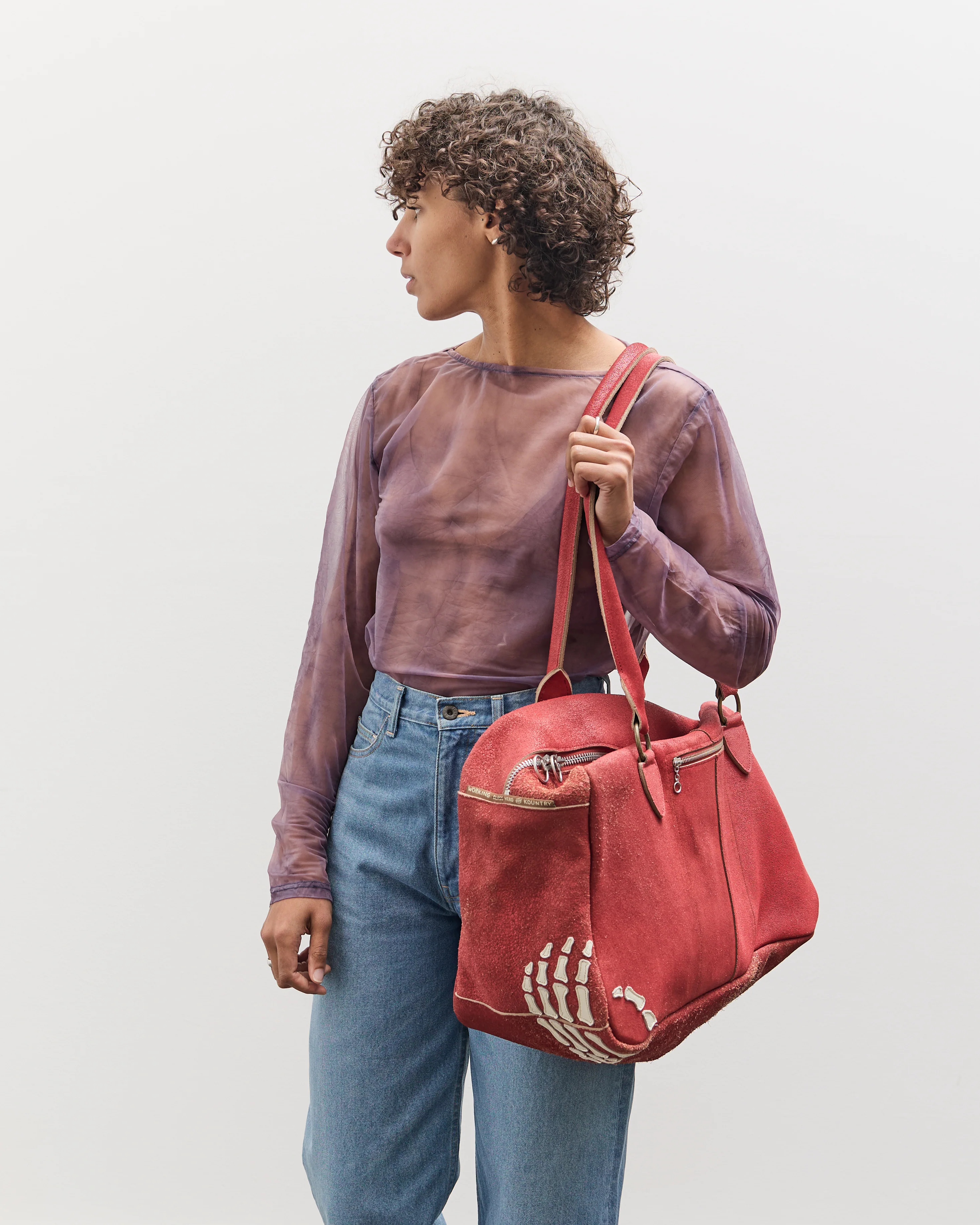 Kapital Crack Leather FARGO Bag (BONE PALM), Red - Image 7