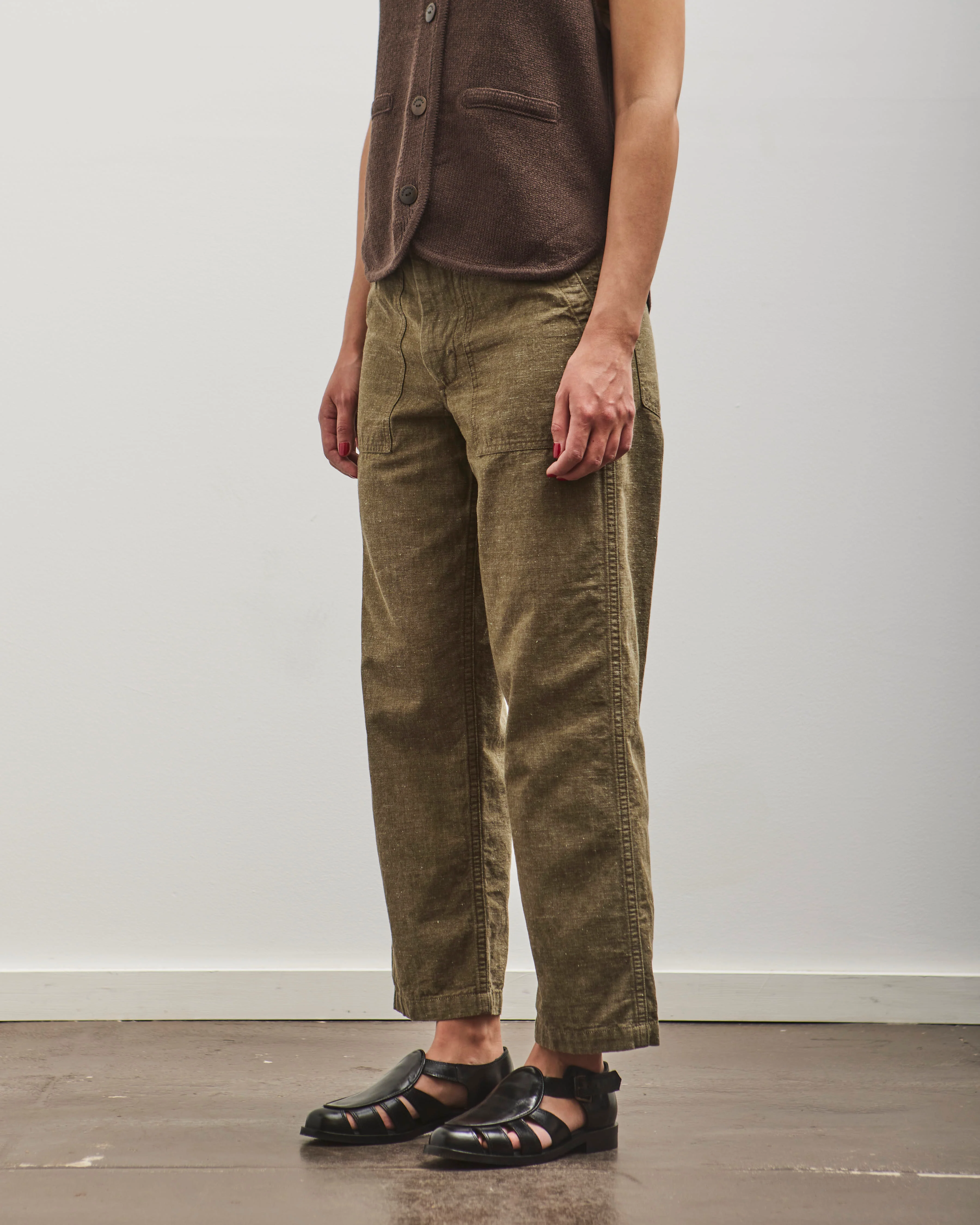 orSlow Short Length Chambray Fatigue Pants, Dusty Olive - Image 4