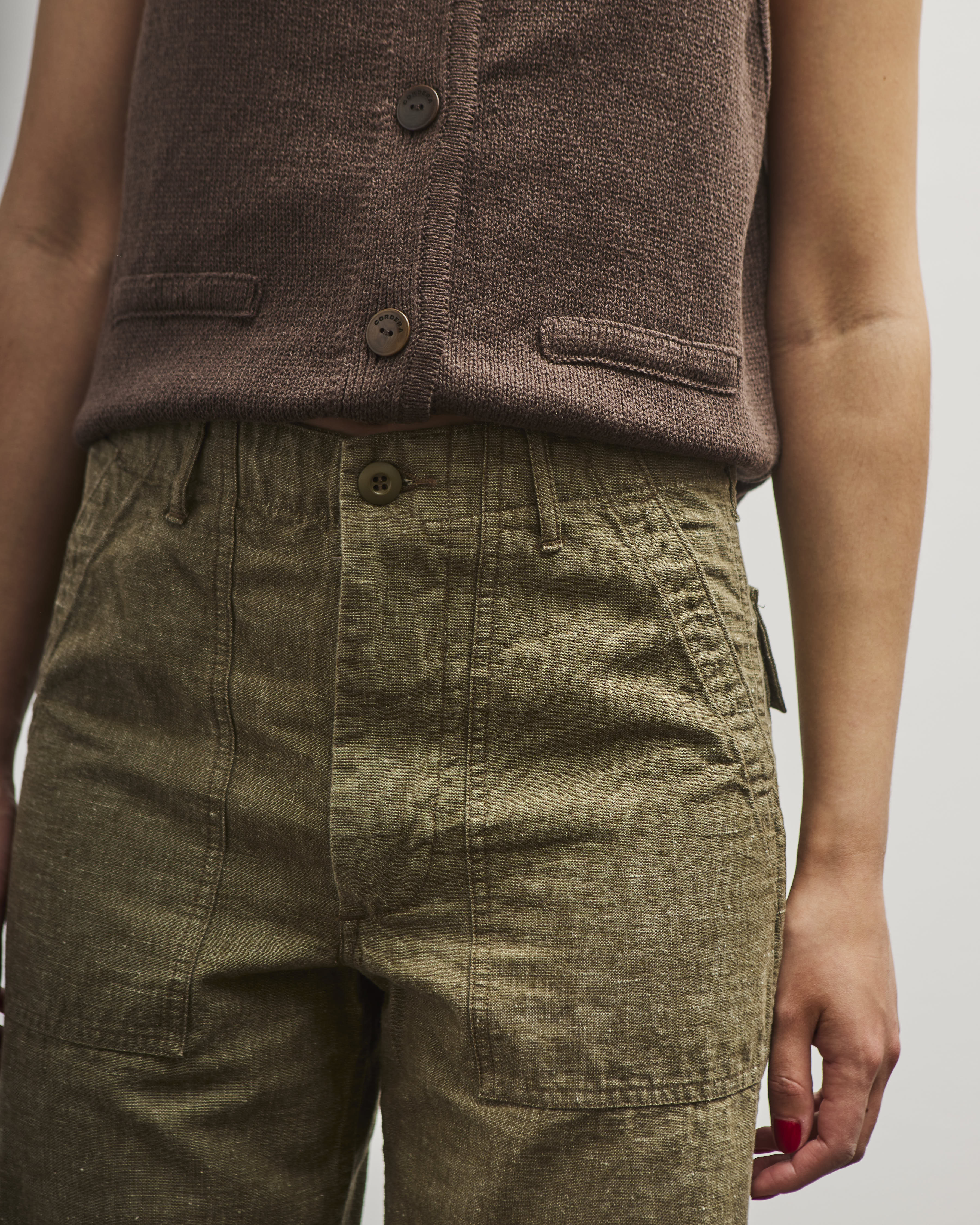 orSlow Short Length Chambray Fatigue Pants, Dusty Olive - Image 7